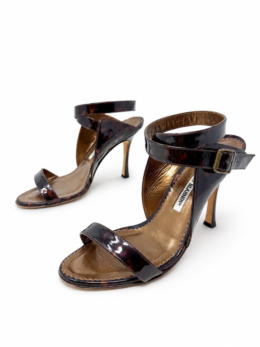 Manolo Blahnik Tortoiseshell Patent Leather Ankle Strap Heels Women Size Eu 37.5